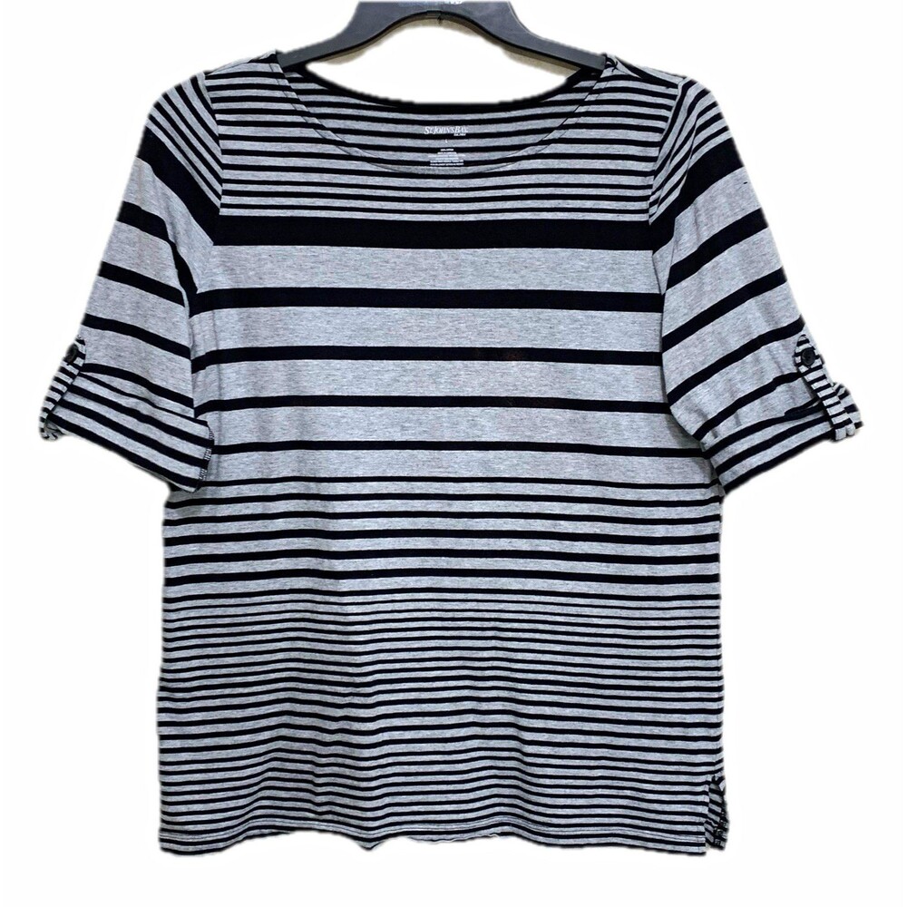 St. John's Bay T-Shirt Women's Large Gray Black Striped Round Neck Knit Cotton